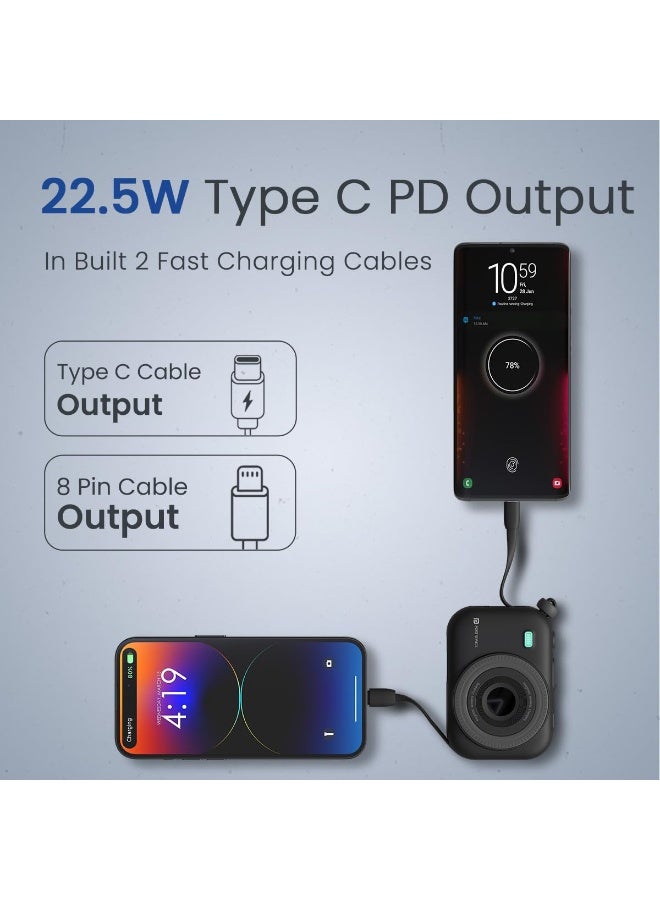 بورترونيكس Portronics Power Shutter 10000mAh 15W Magnetic Wireless Fast Charging Powerbank with in-Built Type C & 8 Pin Cable, 22.5W Type C PD Output, Type C Bidirectional Port, LED Display (Black) - Image 4